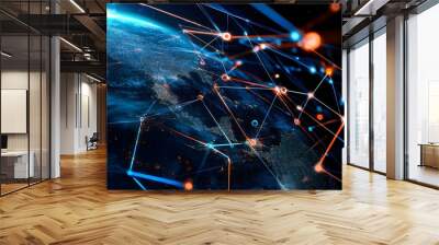 Global Network Connection  Digital Communication  Network Technology  World Map Wall mural