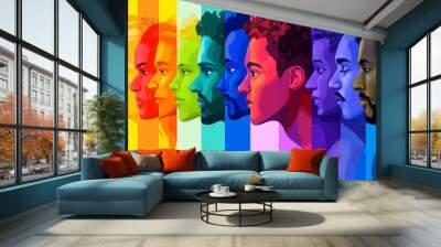 Vibrant Profiles in Spectrum: Diverse Human Silhouettes in Colorful Artistic Representation Wall mural