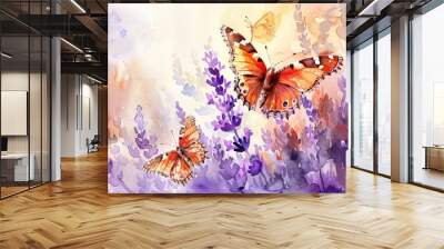 vintage watercolor painting close up of lavender garden with butterflies Wall mural