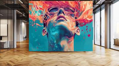 Vivid Abstract Portrait with Fiery Hair and Cool Background Wall mural