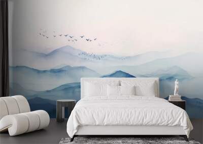 watercolor painting of Misty mountains with gentle slopes and flock of birds in sunrise sky Wall mural