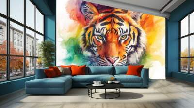 Watercolor Tiger Portrait with Colorful Background Wall mural