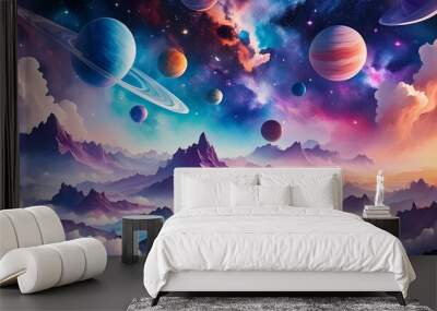 a vibrant space background with planets stars and interstellar clouds merging into a vibrant watercolor background Wall mural