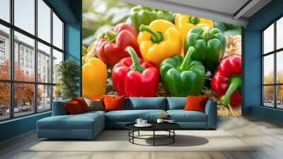 organic colorful fresh raw green red and yellow bell peppers sweet peppers or capsicums harvest in local farm Wall mural