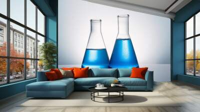 two glass beakers with blue liquid on a white background the beakers are half full and sitting side by side Wall mural