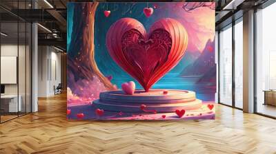 valentine s day mock up podium with heart decoration on pink background 3d rendering 3d illustration Wall mural