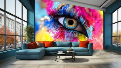 Woman eye with colorful makeup closeup Wall mural