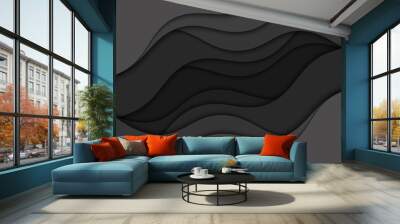 Background with black waves. Abstract wavy black paper background. Wall mural