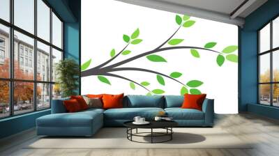 Silhouette of a branch with green leaves. Young tree. Spring background concept. Wall mural