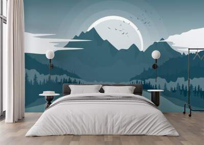 Beautiful landscape with mountain lake and fishing boat at dawn Wall mural