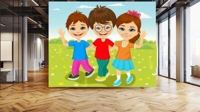 happy caucasian children walking together Wall mural