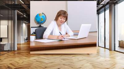 A young teacher works at her desk in her classroom Wall mural