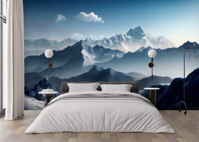 Mountain ranges with snowy peaks against the blue sky created with Generative AI technology. Wall mural