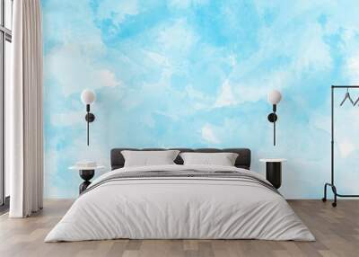 blue and white watercolor paint splash or blotch with sky blue stains, grunge Light blue background with watercolor, watercolor scraped grungy paper texture, Blue sky is surrounding with tiny clouds. Wall mural