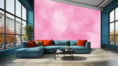 Paint leaks and ombre effects hand painted cloudy pink paper texture, Soft smeared aquarelle painted pink texture, Abstract pink sky background and white clouds on pink canvas. Wall mural