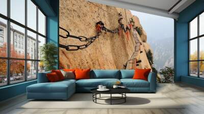 Dangerous walkway at top of holy Mount Hua Shan, China Wall mural