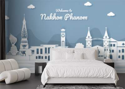 Panorama view of Nakhon Phanom and city skyline with world famous landmarks in paper cut style vector illustration Wall mural