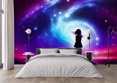 Abstract Little Girl Imagining Other Worlds In A Center Of A Glowing Galaxy Wall mural