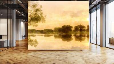 Watercolor background, sunset on a pond, cream Wall mural