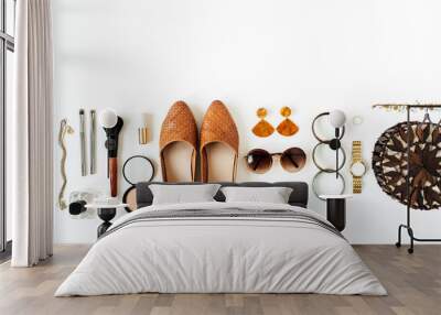 Flat lay fashion collage with women modern bijouterie, cosmetics on white background. Purse bag, shoes, sunglasses, earrings, lipstick, powder. Lifestyle concept for blog, social media, magazine. Wall mural