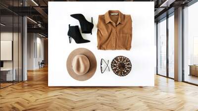 Flat lay fashion collage with women modern clothes and accessories on white background. Brown shirt, shoes, glasses, hat, purse bag. Lifestyle, beauty concept for blog, social media, magazine. Wall mural