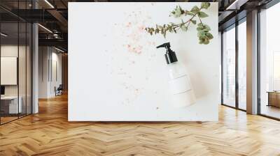 Healthcare spa concept with copy space liquid soap bottle on white background. Flat lay, top view beauty lifestyle composition. Wall mural