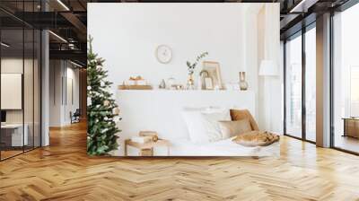 Modern interior design bedroom with Christmas / New Year decorations, toys, gifts, fir tree. Winter holidays composition. Wall mural