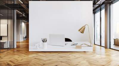 Office with laptop, lamp, notebooks. White working study cabinet. Outsourcing freelancer, blogger, boss workspace. Wall mural