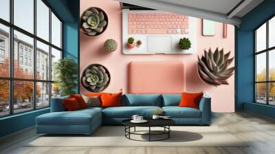 Bright feminine banner, header with a stylish workspace with laptop computer, smartphone, modern office accessories. Generative AI. 2 Wall mural