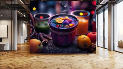 Hot beverages fruits and berries hot mulled wine in pots in street food market. . Copy space. Generative AI. 4 Wall mural