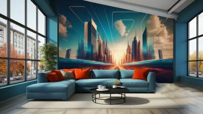 Internet of things, high speed connection and smart city concept with digital circuit lines covering megapolis city on blue sky . Generative AI.2 Wall mural