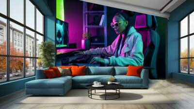 Professional Streamer African young woman cyber gamer studio room with personal computer armchair. Copy space. Generative AI. (1) Wall mural