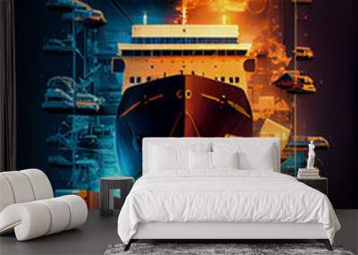 Transportation and logistic network distribution growth. Container cargo ship and trucks of industrial cargo freight for shipping.Generative AI. 6 Wall mural