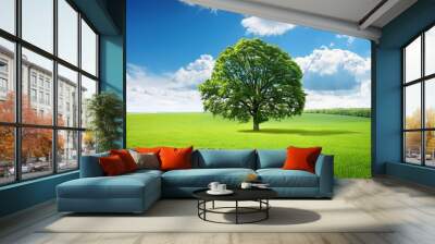 big tree on green field and blue sky with clouds summer landscape Wall mural