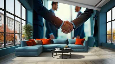 Business, handshake in office. Close-up of two business people shaking hands at workplace as a greeting or after signing a business contract - Generative AI Wall mural