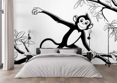 Easy coloring pages for kids, funny monkey on a tree Wall mural