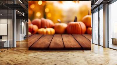 empty dark wood table top with blurred bright thanksgiving background ai generated Wall mural