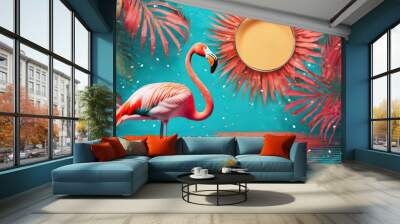 flamingo tropical disco style bright background travel concept Wall mural