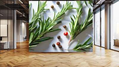 fresh green organic rosemary leaves and peper on white background background and natural shadow ingredient spice for cooking collection for design Wall mural