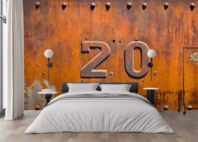 Rusty background texture. Grunge orange-brown metal with rivets and number 20 - generative AI Wall mural