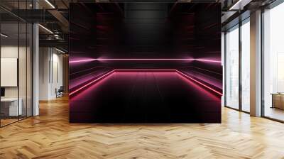 3D Render of a Room with Glowing Burgundy Neon Lines. Abstract Background Wall mural