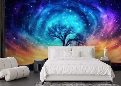 A barren tree stands silhouetted against a vibrant, swirling cosmic sky of blue, purple, and orange hues,  surreal landscape Wall mural