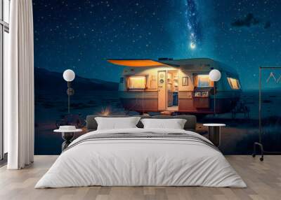 A camper preparing for the night under the stars, illustration - Generative AI Wall mural