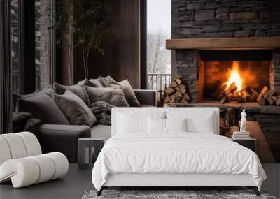 A cozy living room with a fireplace. The room has a large window on the left side with a view of snowy trees. The fireplace is made of stacked stone with a wooden mantel Wall mural