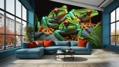 A group of red eyed tree frogs perched on a vibrant green leaf, their striking red eyes glowing in the dark - Generative AI Wall mural