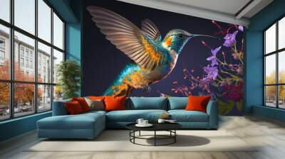 A hummingbird, Meliphagidae family, hovering over a brightly coloured flower, collecting nectar - Generative AI Wall mural