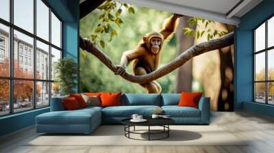 a monkey swinging from tree branches, agile, playful, curious, expressive, fun - Generative AI Wall mural