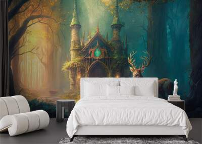 a mystical world filled with enchanted forests, glittering palaces, and magical creatures, illustration - Generative AI Wall mural