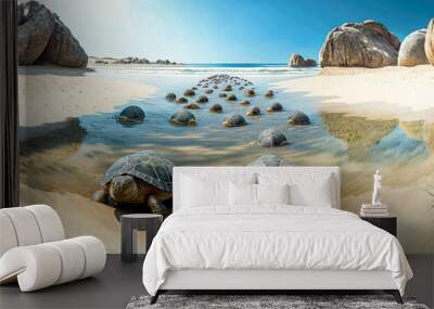 A panoramic view of a beach filled with sea turtles, Cheloniidae coming ashore to lay eggs - Generative AI Wall mural