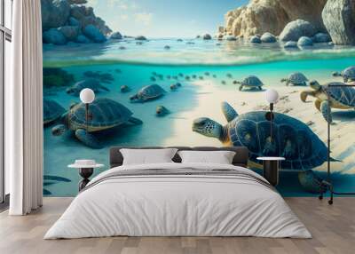 A panoramic view of a beach filled with sea turtles, Cheloniidae coming ashore to lay eggs - Generative AI Wall mural